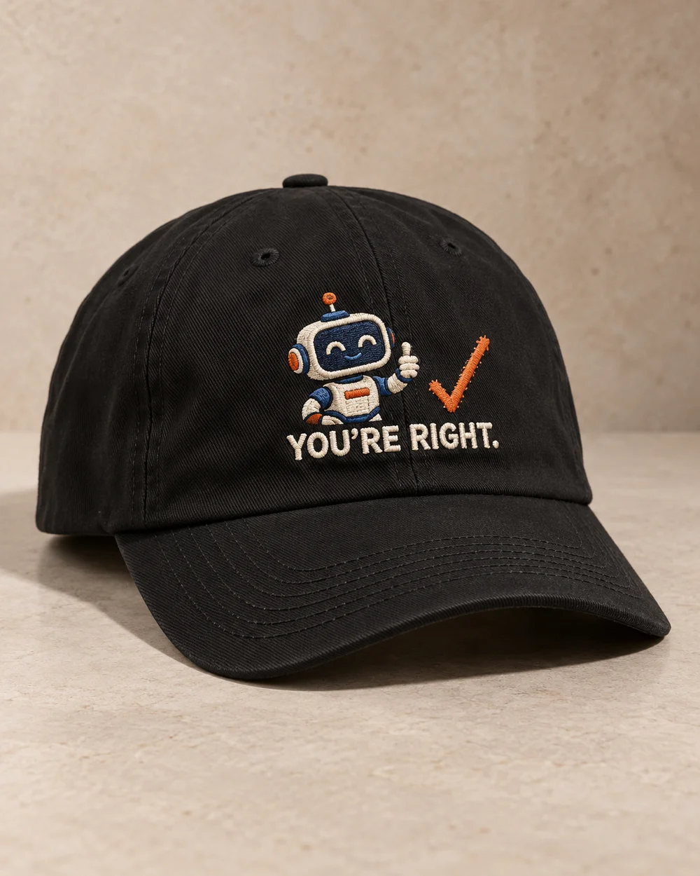 You're Right embroidered cap concept with an approving robot